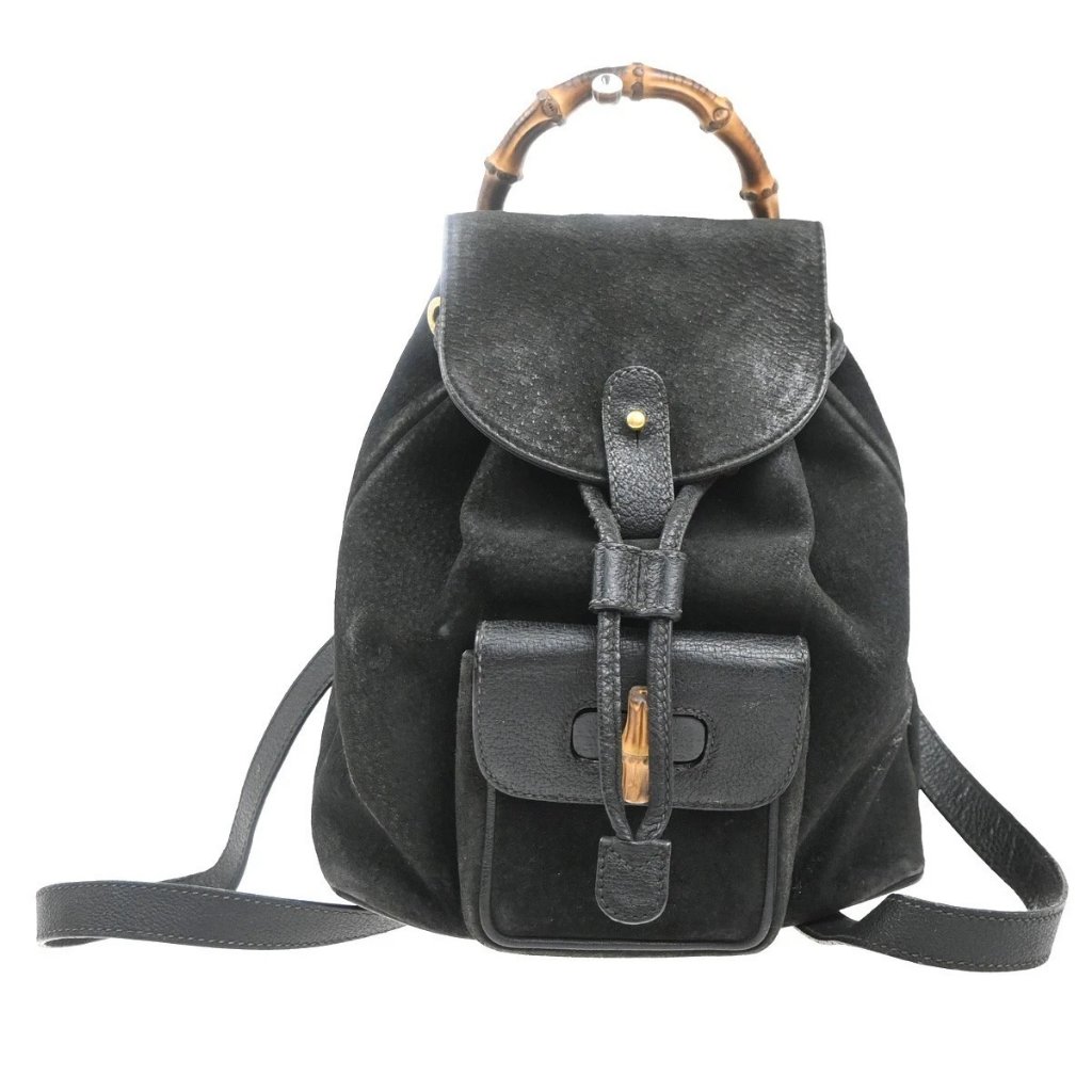 Gucci Logo Bamboo Backpack Bag Suede Drawstring Black Italy 61eg169